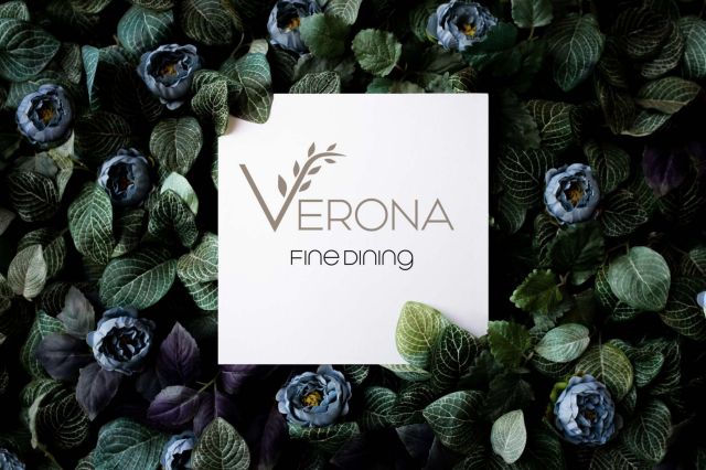Student website example of Verona Fine Dining featuring blue flowers with logo.