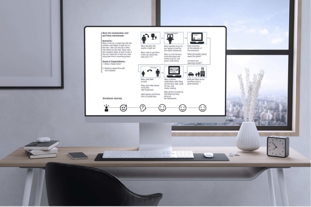 Student website example showing desktop computer with the steps a person takes when deciding to go out to a restaurant.