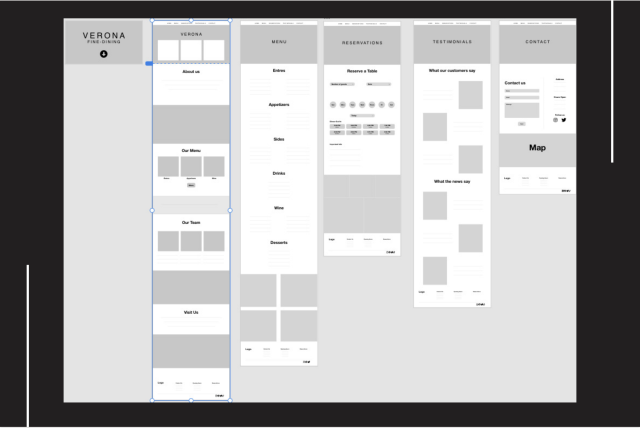 Student website example showing restaurant menu structure menu, reservations, testimonials, contact us.