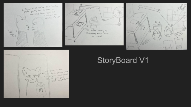 Story board V1 featuring four illustrations of cat and dog.
