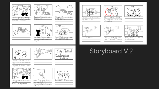 Story board V2 featuring cat and dog illustrations with more detail.