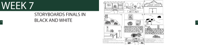 Student animation example of story boards showing illustrations of houses, cars, cows, greenhouse.