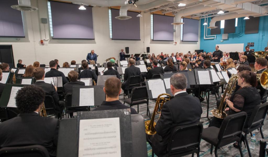 The WSU wind ensemble performs in the Dower Center for the Arts