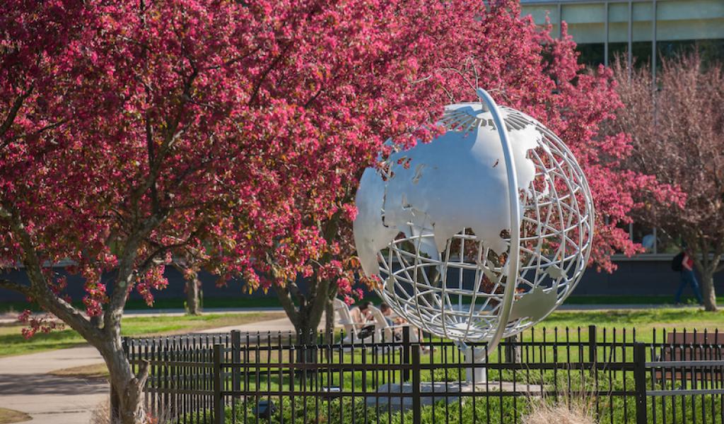 A photo of the campus globe, silver, with a tree with red, small leaves draping near it.