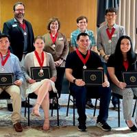 Newly inducted members of Westfield State University’s Mu Nu chapter of Pi Sigma Alpha Pi Sigma.  Front Row: Shahzair Tasneem, Alison Lundgren, Nicholas Lecce, Maggie Roberts.  Back Row: Natalie Pullen (2022 inductee), Dr. Charles DiStefano, Dr. Marsha Marotta, Dr. Heather Brown, Dr. Hugh Jo.  Inset: Gwyneth Smith (Submitted photo)