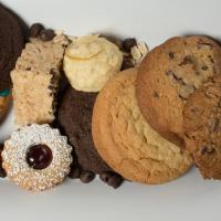 Cookie platter featuring sugar, oatmeal, M&M, and jelly center cookies.